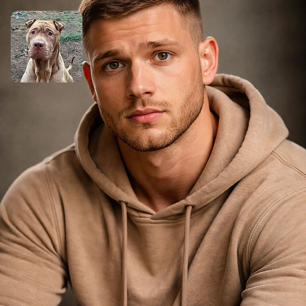 A soulful, wrinkled pit-bull stares straight into the camera with big puppy eyes and a dramatic pout — clearly staging a one-dog plea for treats. Backyard dirt, a chewed rope toy and a wagging tail finish the wholesome portrait.