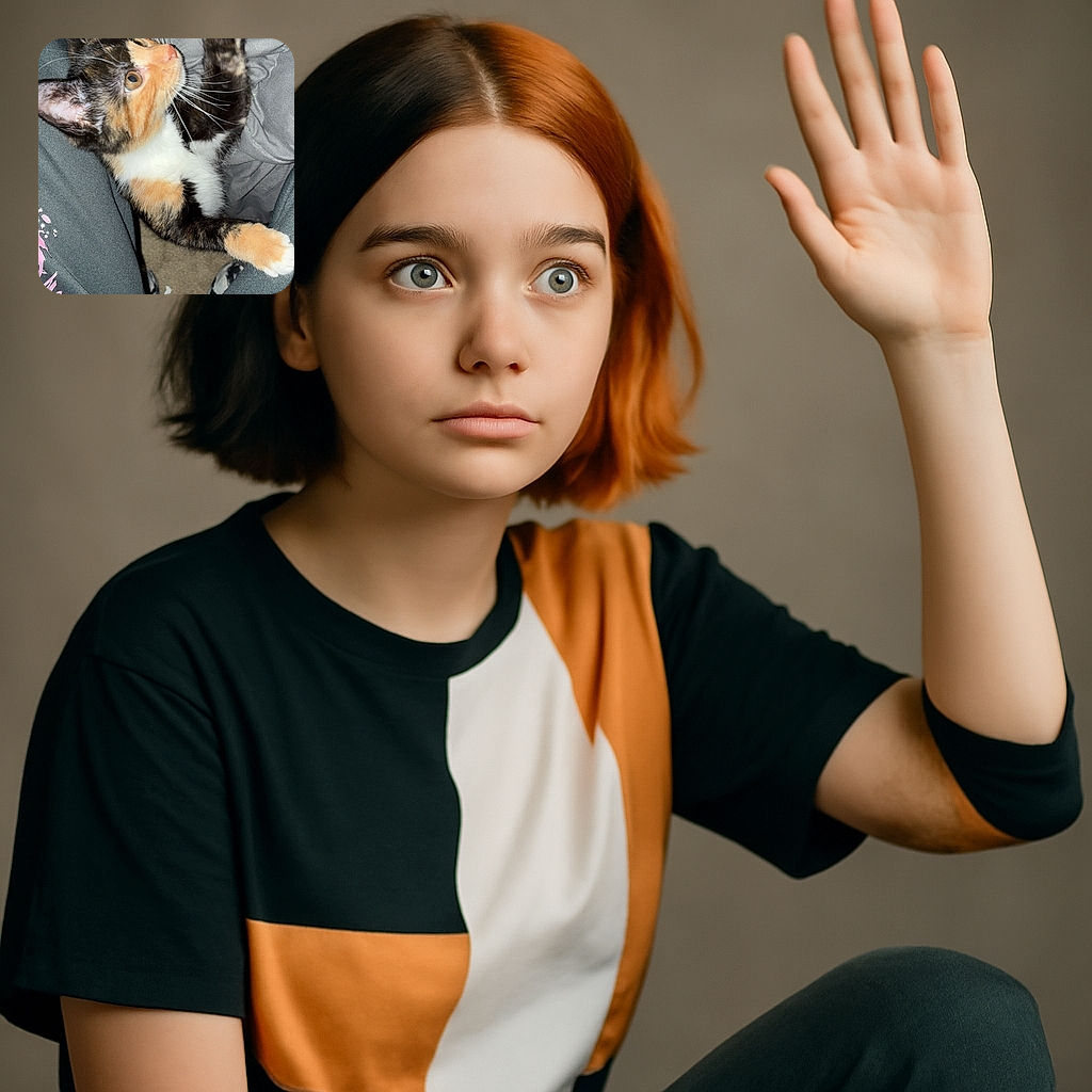 A lively calico kitten is reaching up energetically between someone's legs clad in dark pants, with a cozy gray blanket in the background. The kitten's wide eyes and extended paw make it look like it's on a mission to conquer the world—or maybe just grab a treat.