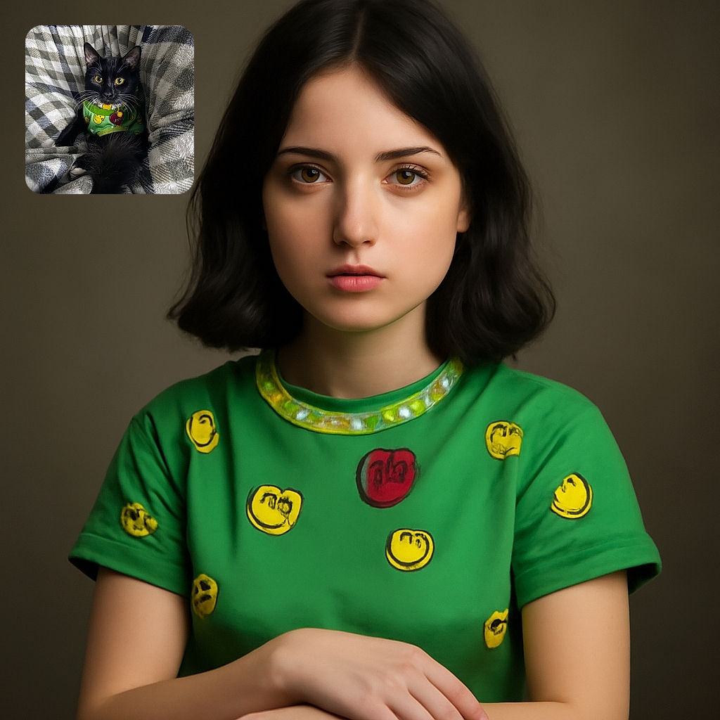 A wide-eyed black cat with striking yellow eyes lounges comfortably on a soft, checkered blanket, wearing a green outfit adorned with yellow ducklings and a heart-shaped tag. The cozy setting and the cat's curious expression make this a charming and adorable snapshot.