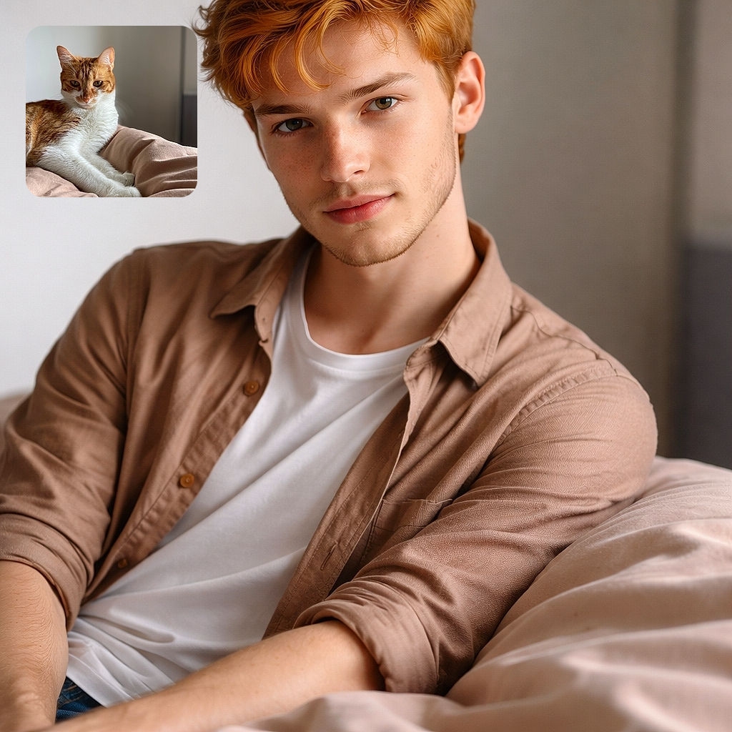 A regal ginger and white cat lounges elegantly on a soft, beige blanket, its eyes half-closed in a look of calm contentment. The soft natural light highlights the cat's fur texture, while the muted background keeps the focus on this feline royalty.