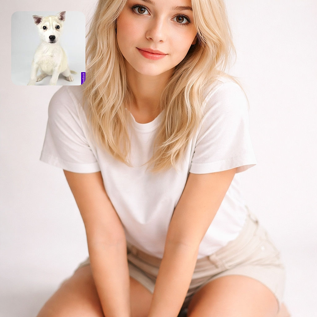 A charming young puppy sits attentively against a plain white backdrop, looking straight into the camera with curious eyes and perky ears, ready to be adopted.