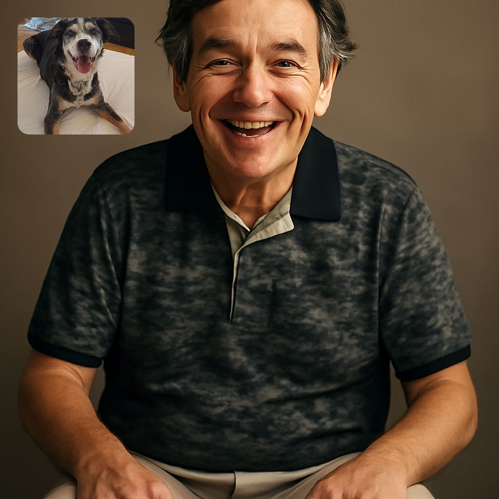 A happy dog is lying on a white surface, looking directly at the camera with its mouth open and tongue out, exuding pure joy and friendliness in a cozy indoor setting.