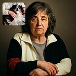 A cozy moment captured with a slightly blurred dog lounging comfortably on a couch, being gently petted by a person wearing a white jacket. The background includes a wooden table and a power cord, adding a casual homey vibe.