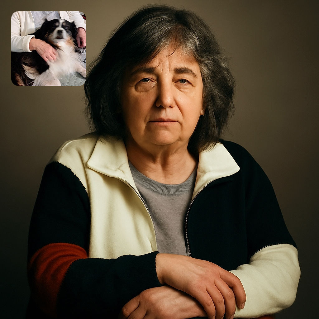 A cozy moment captured with a slightly blurred dog lounging comfortably on a couch, being gently petted by a person wearing a white jacket. The background includes a wooden table and a power cord, adding a casual homey vibe.
