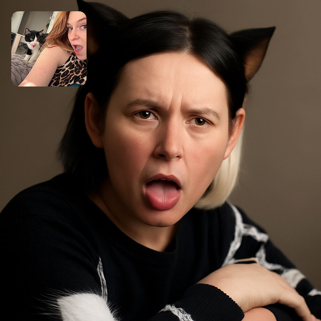 A playful moment captured with a surprised woman sticking her tongue out with a blue tongue piercing, while a curious black and white cat with green eyes approaches from behind on a cozy blanket, set in a bright, homey room.