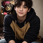 A fluffy small dog with expressive eyes looks up with curiosity from a cozy, cluttered corner filled with blankets and a pink container, basking in warm indoor light.