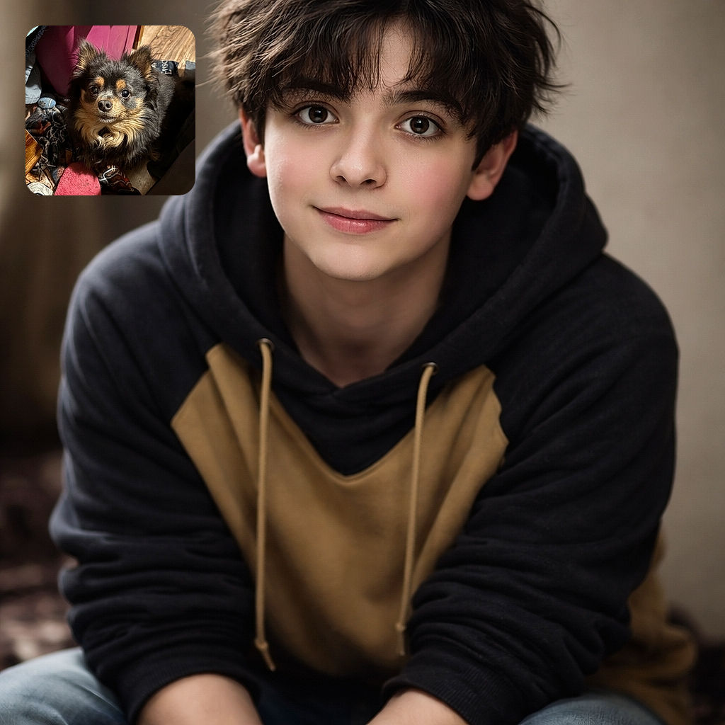 A fluffy small dog with expressive eyes looks up with curiosity from a cozy, cluttered corner filled with blankets and a pink container, basking in warm indoor light.