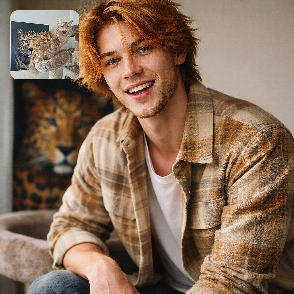 A fluffy ginger cat mid-meow poses like it owns the place while a fierce leopard poster photobombs from the wall — tiny housecat, big-cat energy. The cat tree looks well-loved and the scene is equal parts majestic and mischievous.