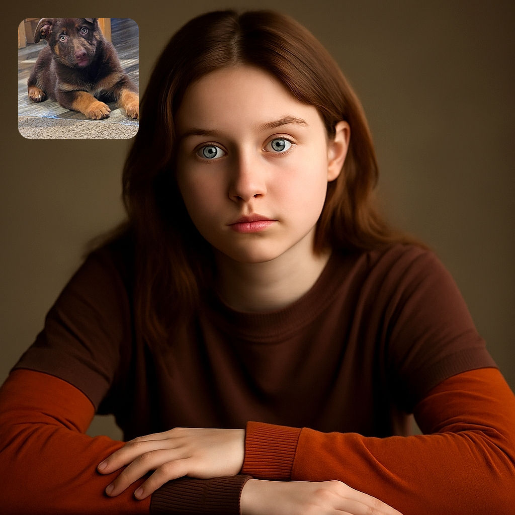 A fluffy brown and tan puppy lounges on a wooden floor next to a carpet, looking curiously at the camera with soulful eyes and slightly floppy ears.