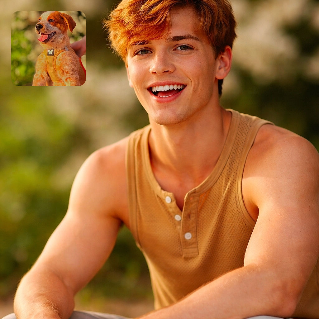 A gleeful puppy in a bright orange harness strikes a pose like a tiny canine superhero — tongue out, eyes sparkling, and a dreamy bokeh of blossoms behind it as if nature queued the perfect backdrop.