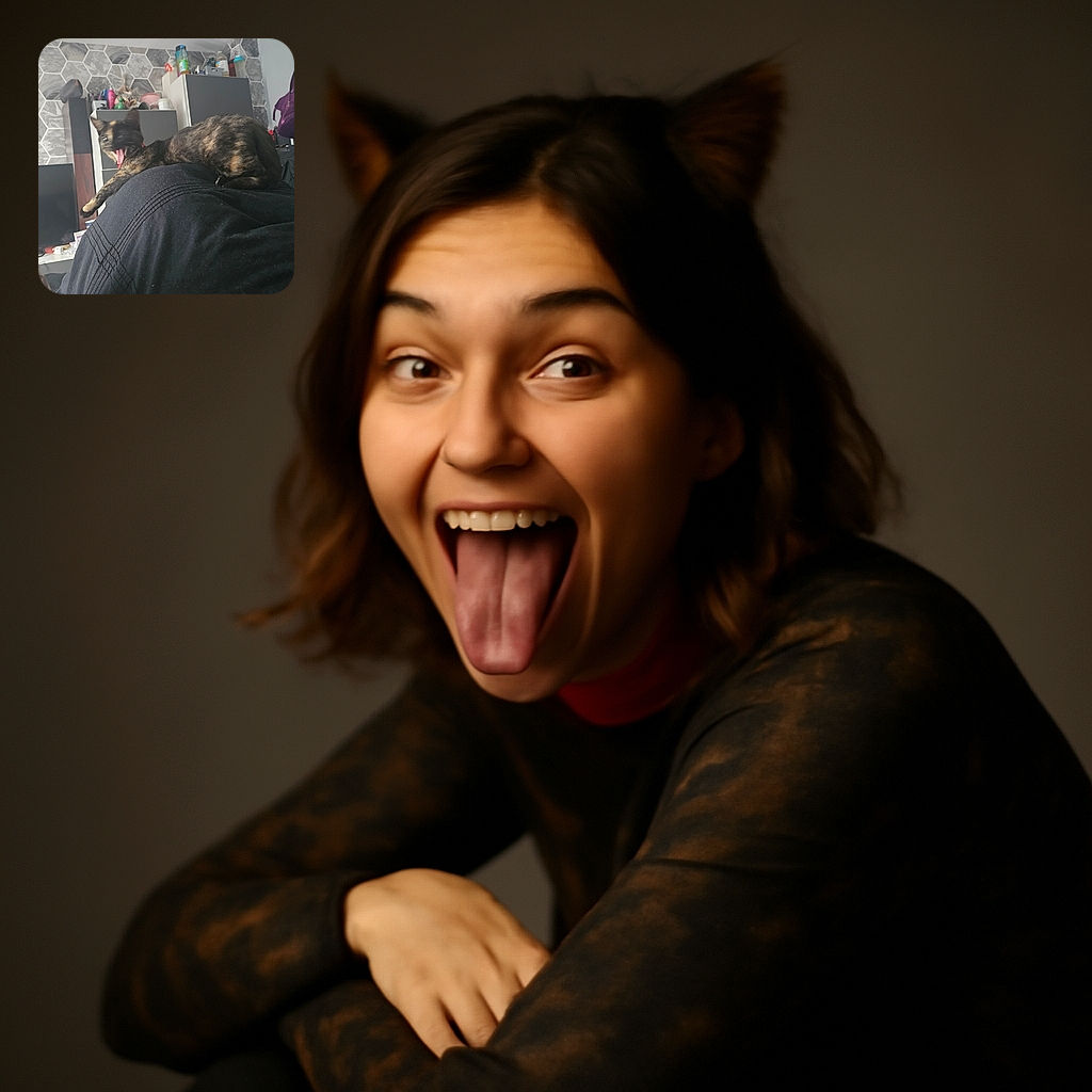 A blurry cat mid-yawn or meow is stretched out on a dark fabric surface, possibly a person's lap, with a hexagonal patterned wall and cluttered shelves in the background. The cat's motion blur adds a dynamic but unclear effect.