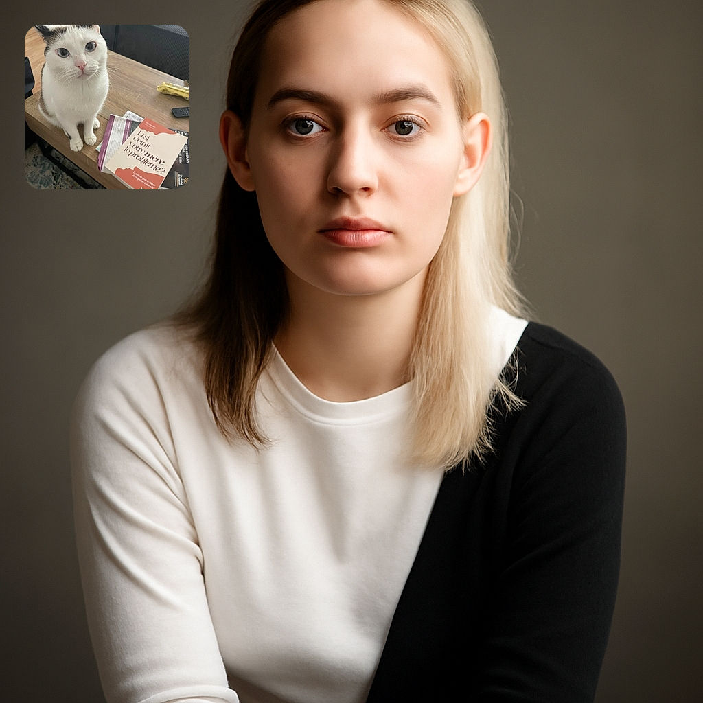 A curious white cat with black markings sits patiently on a wooden table next to some scattered papers and a book titled 'Et si c'était votre mère le problème?'. The cozy indoor setting includes a couch and a patterned rug, making it a charming snapshot of a feline's inquisitive moment.