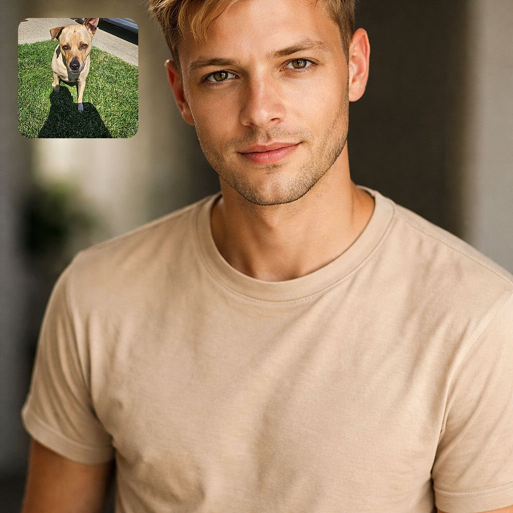 A curious dog with one ear perked up stands on a bright green lawn, staring intently at the camera with soulful eyes. The shadow of the photographer stretches across the grass, adding a humorous human silhouette to the sunny suburban scene.