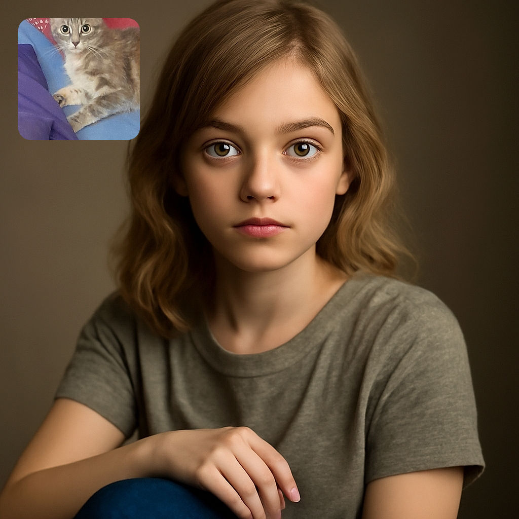 A curious tabby cat with wide eyes lounges on a bed with colorful blankets, looking intently at the camera as if caught mid-thought in a cozy indoor setting.