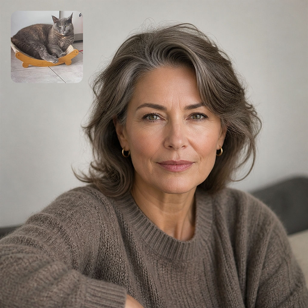 A dignified gray cat lounges in a tiny wooden rocking bed like a retired sea captain, staring at the camera as if the rent is late. The clean indoor setting, tiled floor, and soft natural light make this a charming pet portrait.