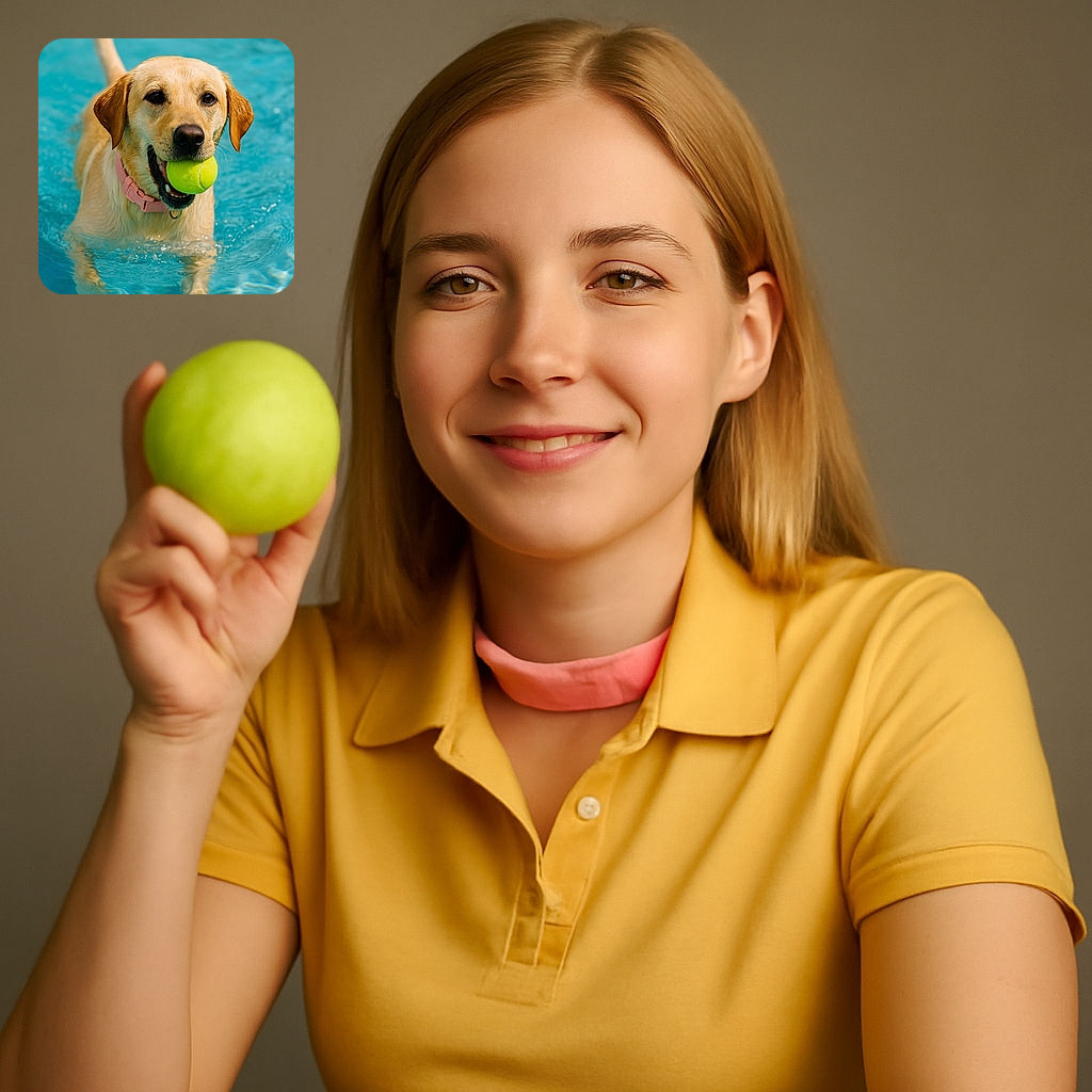 A happy golden retriever is swimming in a clear blue pool, gripping a bright green tennis ball in its mouth, with a pink collar adding a pop of color. The water sparkles around the dog's paws as it moves forward, radiating pure joy and playfulness.