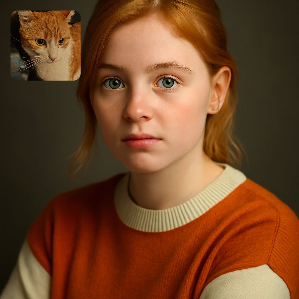 A close-up portrait of an orange and white cat with striking yellow eyes, whiskers fanned out, and a soft focus background that highlights the feline's curious and gentle expression.