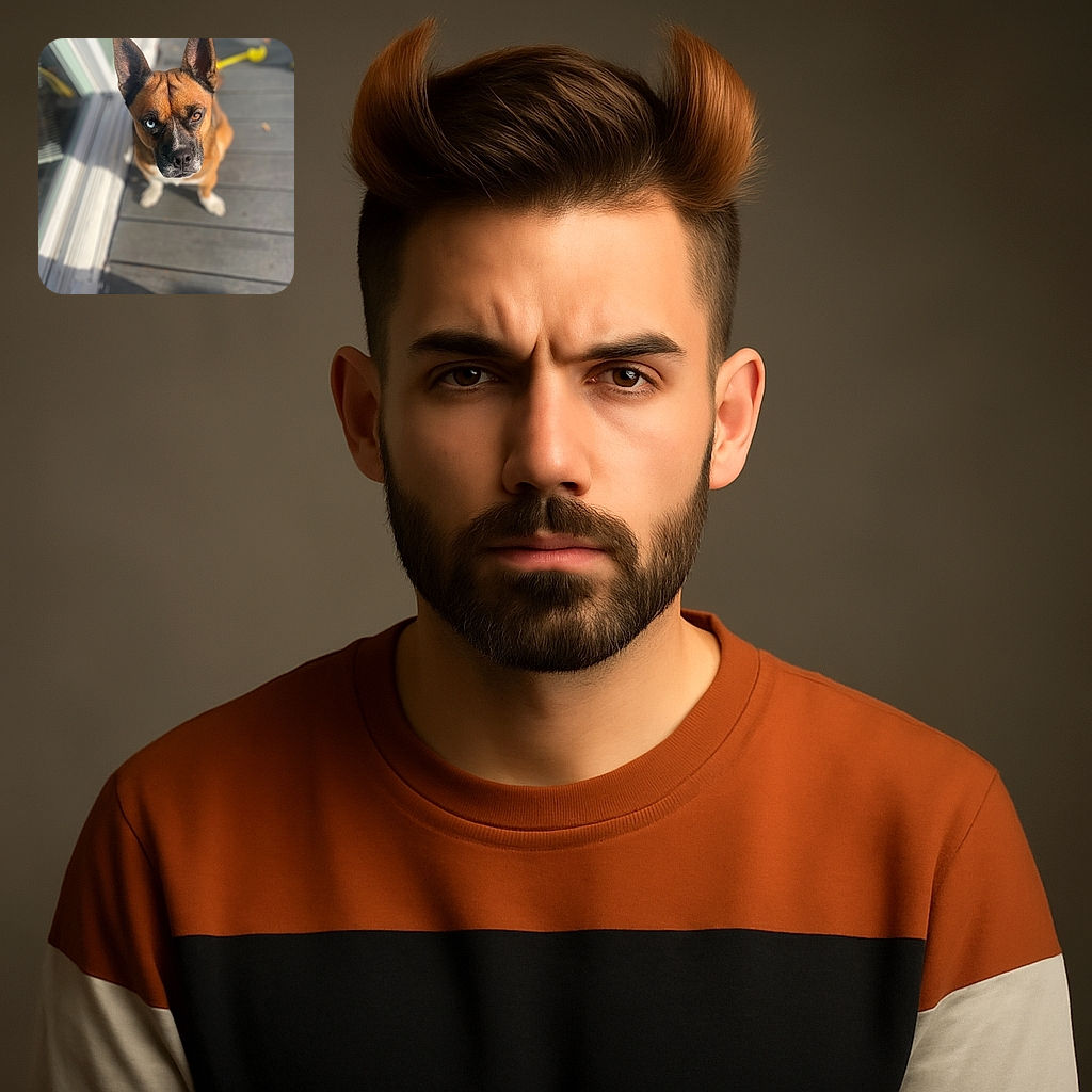 A striking dog with heterochromia (one blue eye, one brown eye) looks up with intense curiosity while sitting on a sunlit wooden deck. The background is softly blurred, focusing all attention on the dog's expressive face and alert ears.