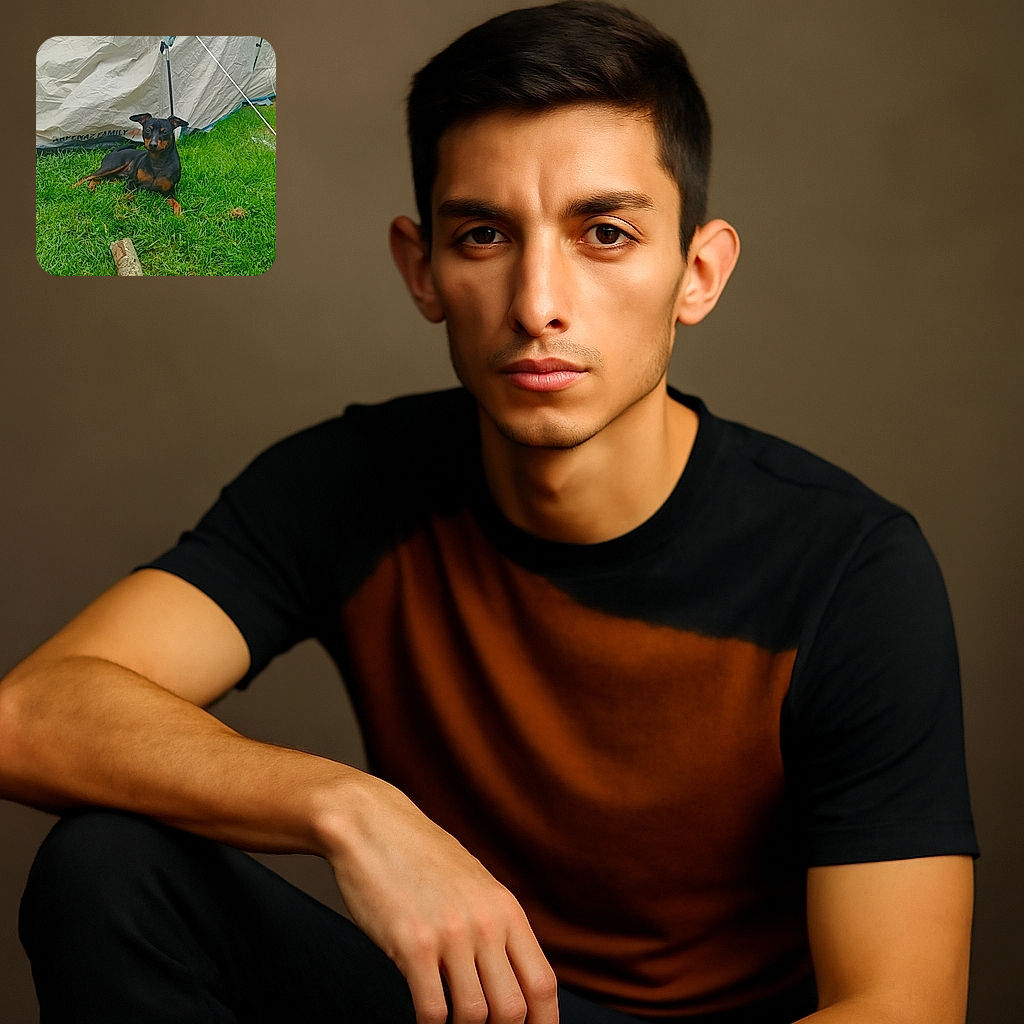 A sleek black and brown dog lounges on bright green grass in front of a beige tent, looking relaxed and slightly curious, with a stick lying nearby as if ready for a playful fetch session.