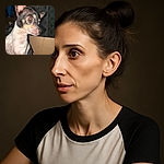 A close-up photo of a small dog with large, expressive eyes looking off to the side, sitting inside a cardboard box with a dimly lit room in the background.