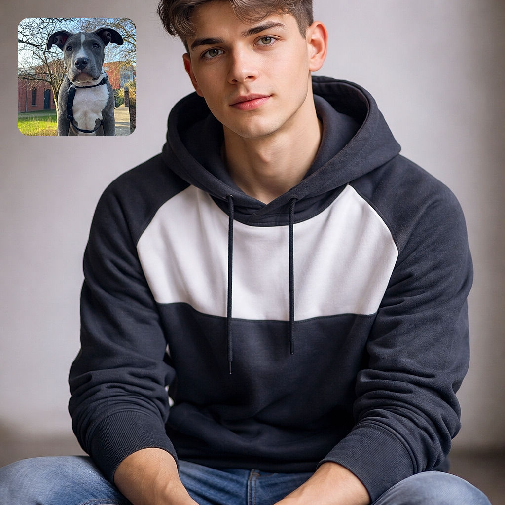 A squishy-faced puppy sits proudly on a stone ledge like it owns the park — floppy ears, white chest markings, and a harness that screams 'adventure ready.' Behind it, bare winter trees and a brick building sit under a crisp blue sky while the pup stares straight into the camera with the solemn confidence of a tiny, four-legged monarch.