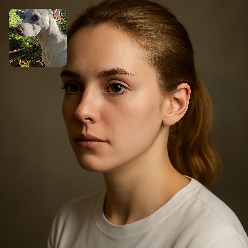 A close-up shot of a curious white dog standing outdoors near a tree, with a serene forest background bathed in soft sunlight. The dog's attentive expression contrasts with the natural, slightly wild surroundings, creating a peaceful yet engaging portrait.