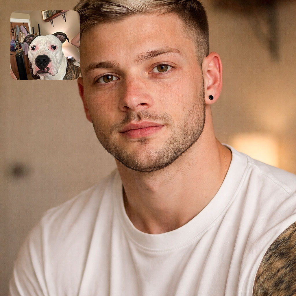 A close-up photo of a serious-looking brindle and white dog with a black nose, sitting indoors with a cozy background of a door, hanging clothes, and a shelf with framed pictures. The dog seems to be the main focus, gazing intently at the camera.