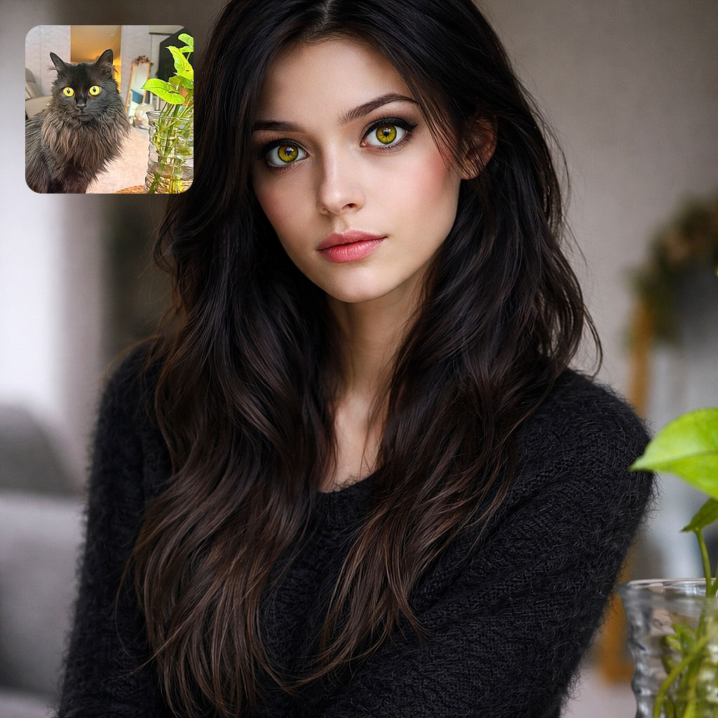 A fluffy black cat stares into the camera with enormous golden eyes like twin headlights, while a glass vase of green leaves photobombs on the right — living room vibes, cozy carpet, and a mirror cameo in the background. The cat looks simultaneously majestic and slightly suspicious about your snack choices.