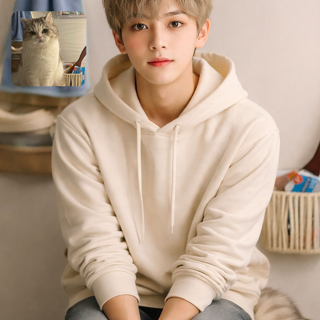 A fluffy, dignified cat perches on the edge of a bathtub like it owns the place — big curious eyes, a pink button nose, and whiskers on full display. Bathroom towels, a basket of toiletries and grooming products form the regal throne room. It looks ready to accept tributes (treats preferred).