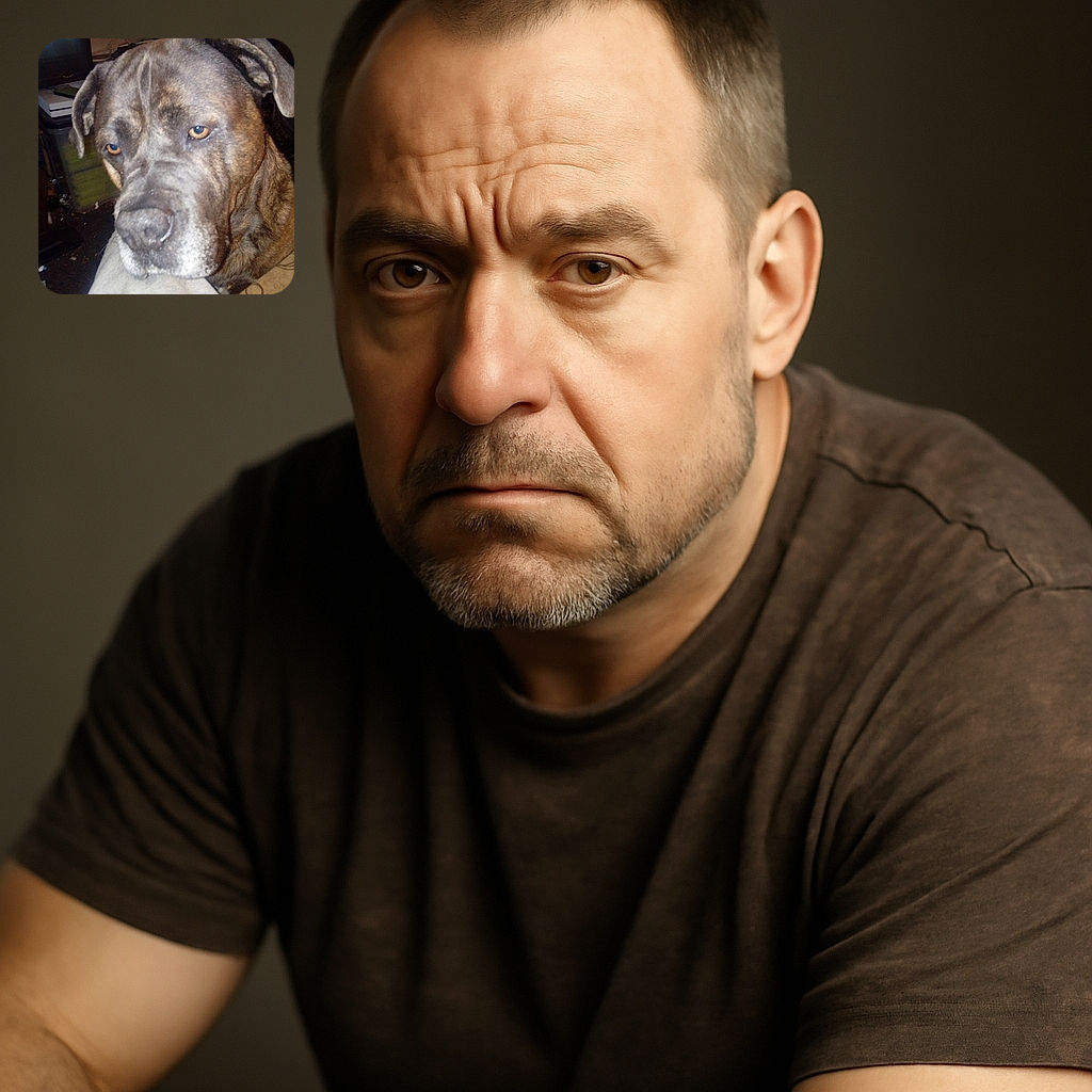 A close-up photo of a large brindle dog with soulful amber eyes, looking slightly downcast or contemplative. The background is cluttered with household items, giving a casual, unpolished snapshot vibe.