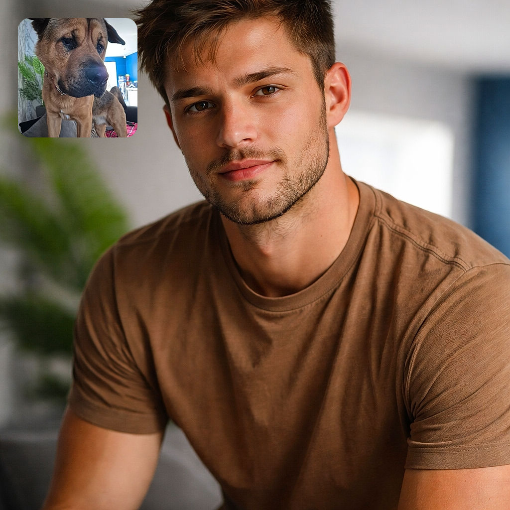 A close-up photo of a large, brown dog looking slightly downward with a calm expression, standing on a couch covered with a red plaid blanket. The background features a bright blue wall, some household items, and a green potted plant, giving a cozy indoor vibe.