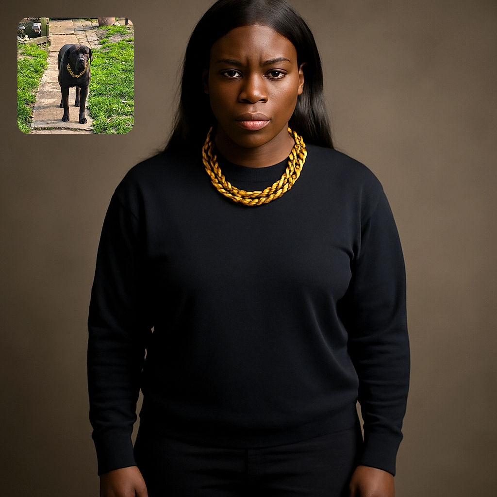 A regal black dog wearing a chunky gold chain stands confidently on a garden path, surrounded by lush green grass and a colorful flower pot in the background, basking in the soft sunlight.
