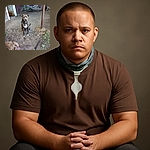Two attentive dogs in a rustic, slightly rundown outdoor area. One dog sits in the middle looking curiously at the camera, while the other is partially visible in the foreground with a pink collar. The background shows a weathered wall, an open rusty door, and a metal pole embedded in the ground.