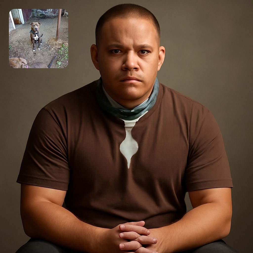 Two attentive dogs in a rustic, slightly rundown outdoor area. One dog sits in the middle looking curiously at the camera, while the other is partially visible in the foreground with a pink collar. The background shows a weathered wall, an open rusty door, and a metal pole embedded in the ground.