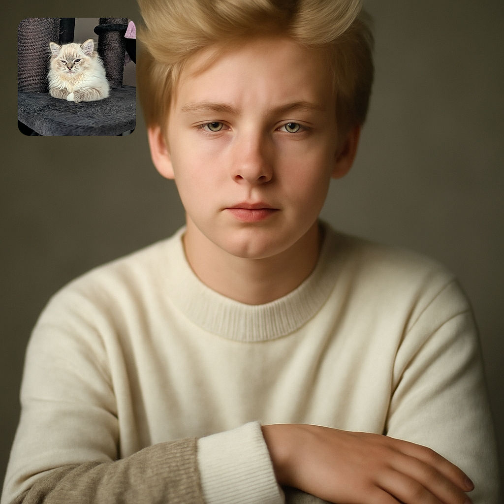 A fluffy cream-colored kitten lounges regally on a dark cat tree platform, looking slightly sleepy but undeniably adorable, with its paws neatly tucked in and ears perked up amidst the textured posts.