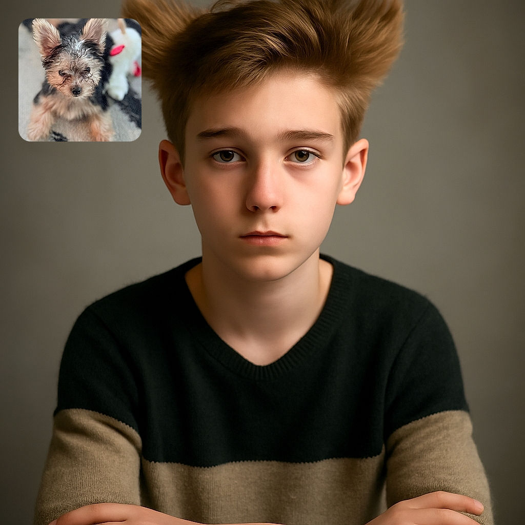 A tiny, wet-furred puppy stares curiously into the camera with big, perky ears and shiny eyes, sitting on a textured rug with a blurred white and red plush toy in the background.