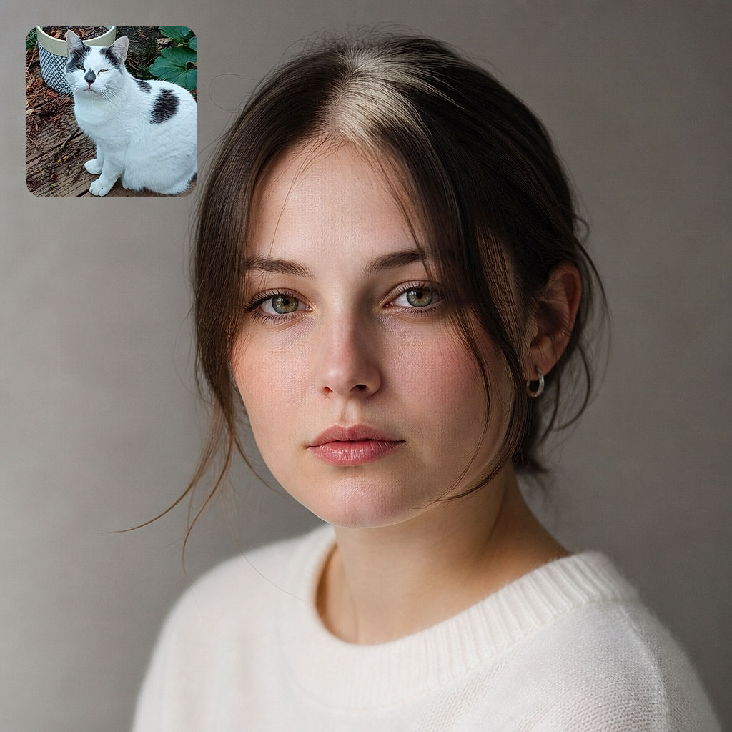 A dignified black-and-white cat sits on a weathered wooden deck, giving the camera a wonderfully unimpressed stare while garden leaves and a planter frame its outdoor throne.