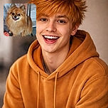 A fluffy, happy Pomeranian dog sitting on a stone floor next to a red rope toy, with a cozy indoor setting including wooden furniture in the background. The dog looks cheerful and ready for playtime.