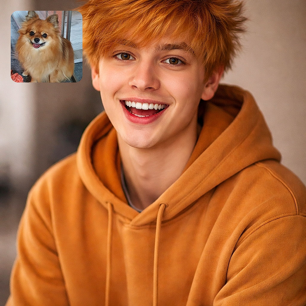 A fluffy, happy Pomeranian dog sitting on a stone floor next to a red rope toy, with a cozy indoor setting including wooden furniture in the background. The dog looks cheerful and ready for playtime.