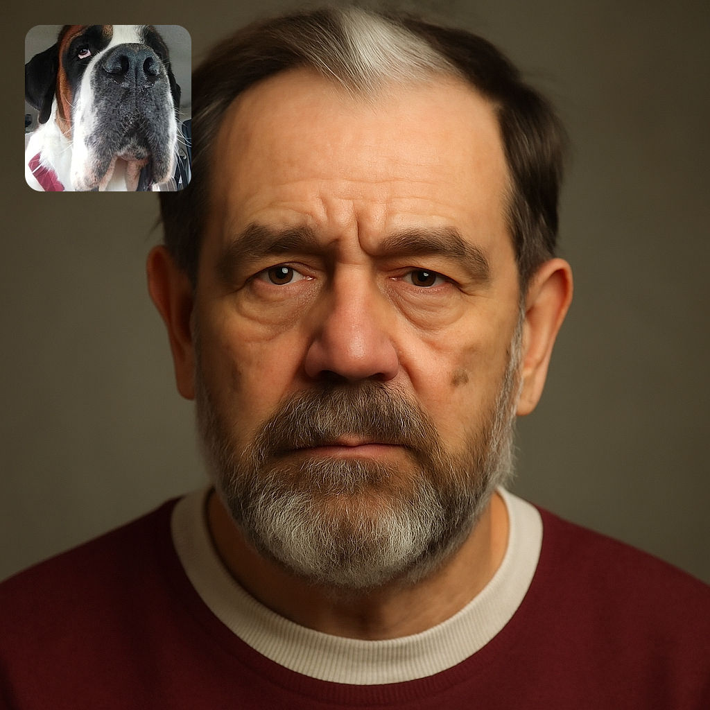 A close-up, slightly goofy photo of a large dog with a big nose dominating the frame, looking upwards with soulful eyes, wearing a red collar, inside a car. The perspective makes the dog's nose look extra large, adding a humorous charm.