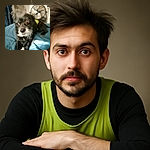 A slightly startled small black dog with white patches lounges on a blue blanket, its eyes wide and fur tousled as if caught mid-shake, with a fan and some household items blurred in the background.