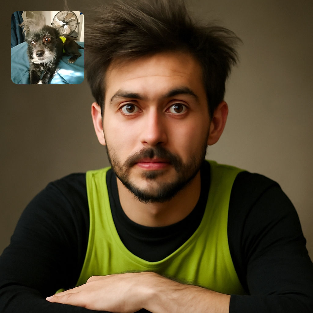 A slightly startled small black dog with white patches lounges on a blue blanket, its eyes wide and fur tousled as if caught mid-shake, with a fan and some household items blurred in the background.
