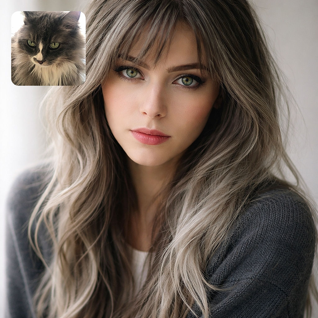 A majestic fluffy cat with piercing green eyes and a white patch on its nose stares intensely, looking like the wise ruler of the feline kingdom with a luxurious mane.