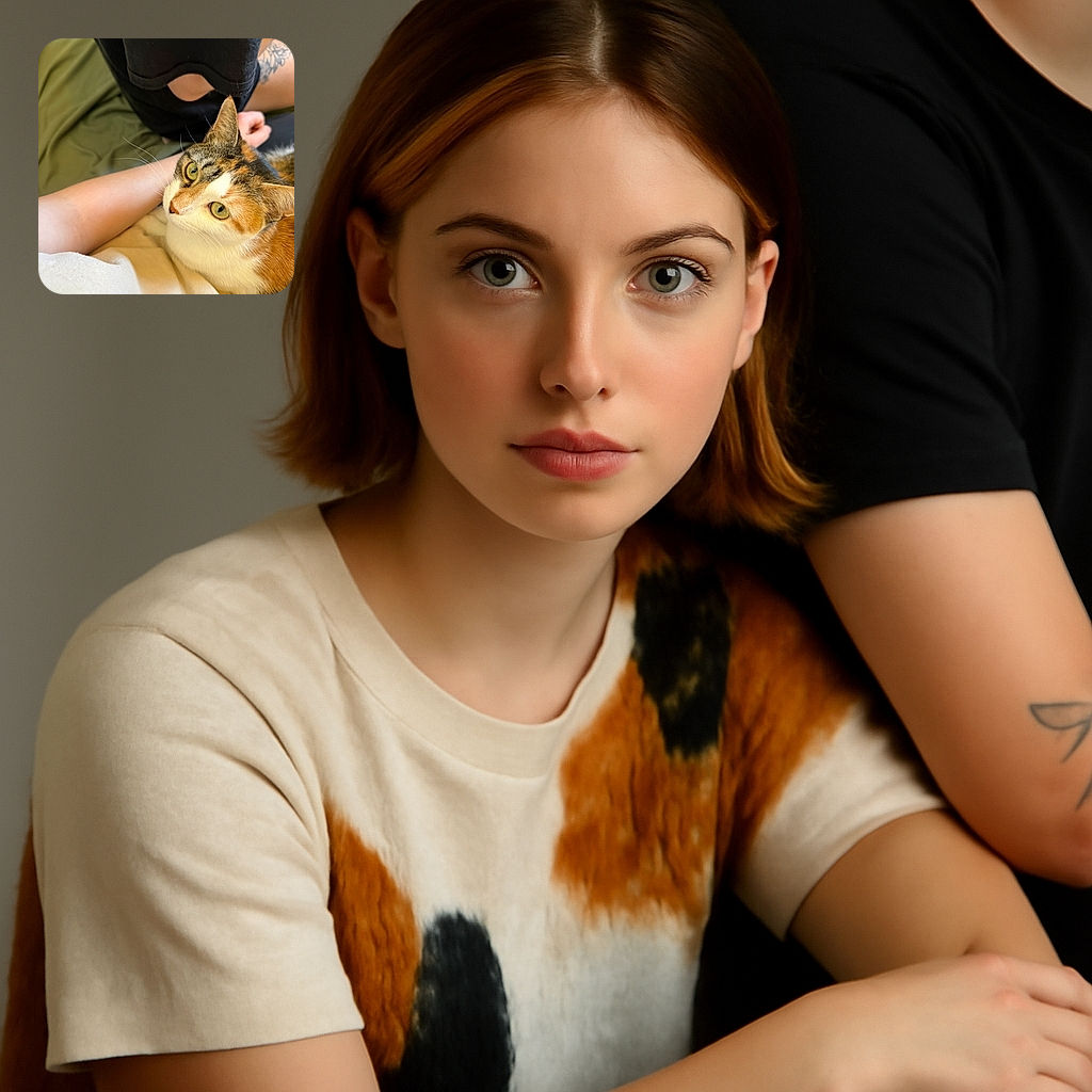 A curious calico cat with bright green eyes gazes upward, nestled comfortably against a person's arm and torso. The person wears a white shirt and black pants, with a tattoo visible on their leg. The background features a soft green surface, creating a cozy and intimate atmosphere.