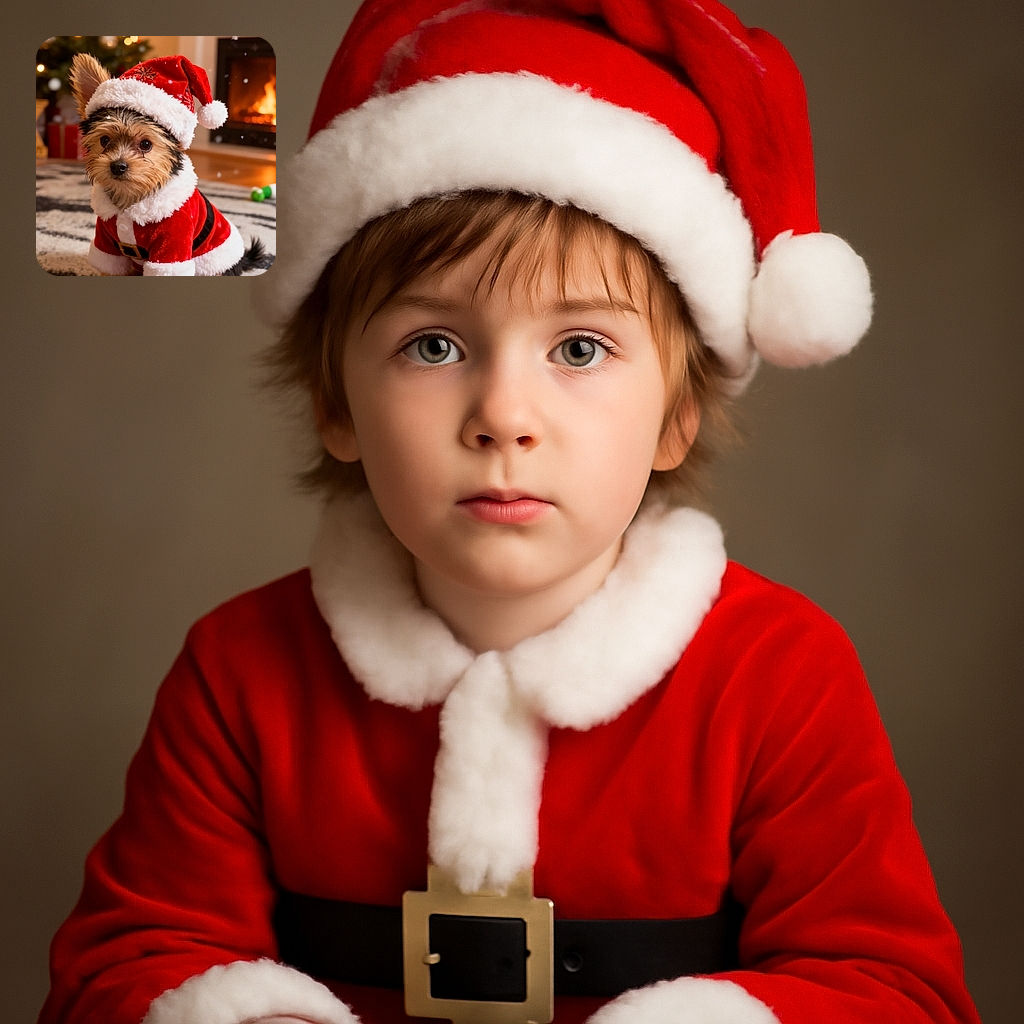 A tiny dog dressed as Santa Claus sits adorably on a cozy rug, with a warm fireplace and a decorated Christmas tree glowing softly in the background, creating a festive and heartwarming holiday scene.