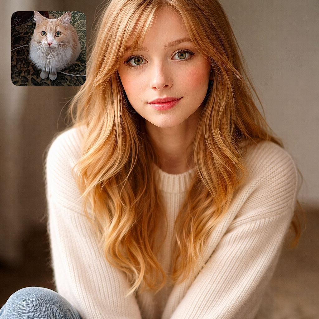 A fluffy orange-and-white cat sits like a tiny lion looking straight up with giant round eyes and twitchy whiskers — perched on a patterned rug next to a wooden table, giving the exact expression of polite indignation (or impending head boop).