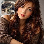 A fluffy tabby cat with striking yellow eyes is cozily nestled inside a cardboard box, looking up with curious and slightly surprised expression. The background shows a dark floor and some green and white electrical cords, adding a casual home vibe.