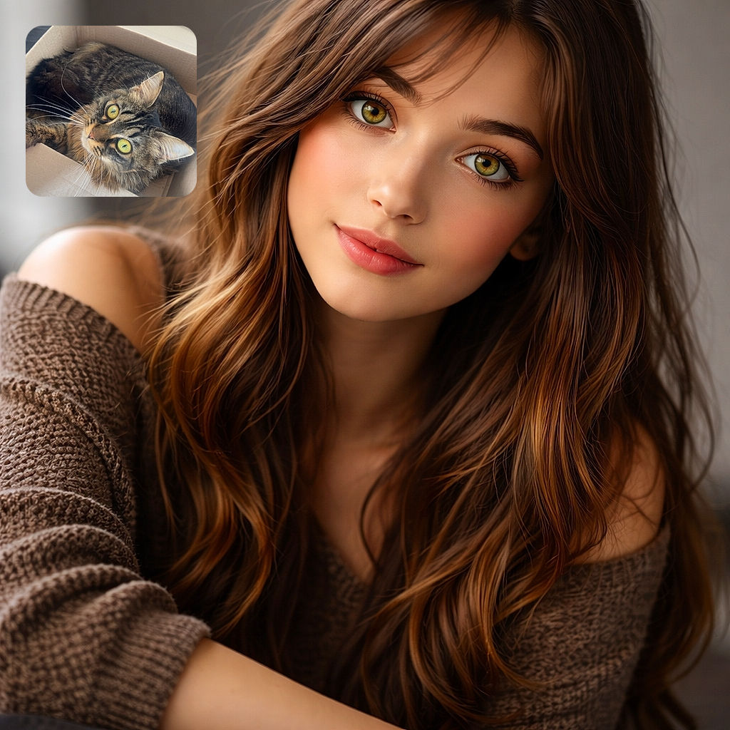 A fluffy tabby cat with striking yellow eyes is cozily nestled inside a cardboard box, looking up with curious and slightly surprised expression. The background shows a dark floor and some green and white electrical cords, adding a casual home vibe.