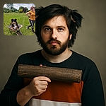 A fluffy tricolor dog sits proudly in an old wheelbarrow holding a thick stick in its mouth, while a smiling woman in sunglasses and 'POWERFUL' leggings strikes a playful pose nearby on a lush green lawn under a cloudy sky.