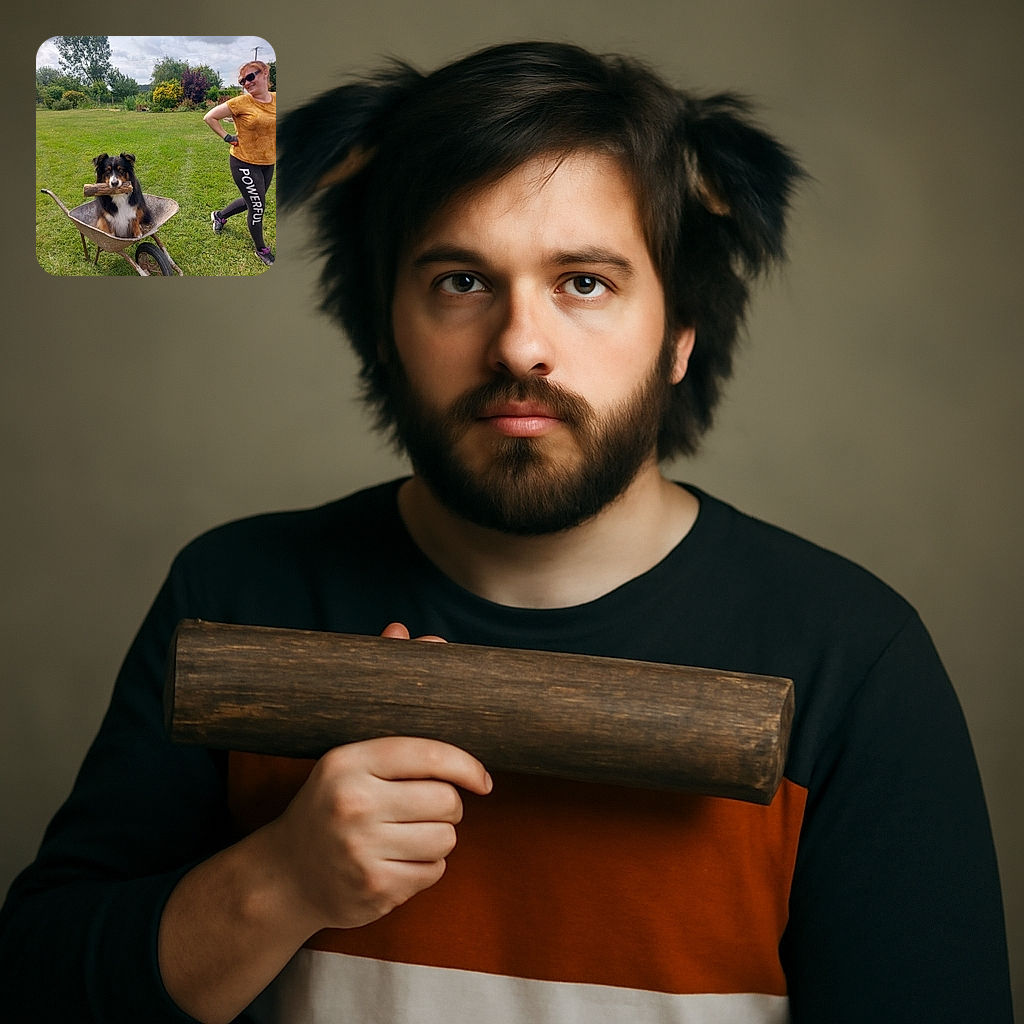 A fluffy tricolor dog sits proudly in an old wheelbarrow holding a thick stick in its mouth, while a smiling woman in sunglasses and 'POWERFUL' leggings strikes a playful pose nearby on a lush green lawn under a cloudy sky.